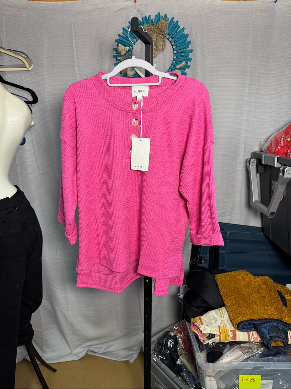 Andree Hot Pink Henley Waffle Knit Pullover